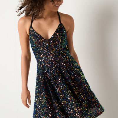 by&by Womens Juniors Sleeveless Sequin Fit + Flare Dress