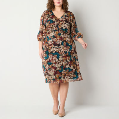 Connected Apparel Plus 3/4 Sleeve Floral Fit + Flare Dress
