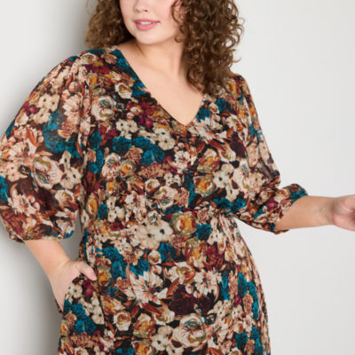 Connected Apparel Plus 3/4 Sleeve Floral Fit + Flare Dress