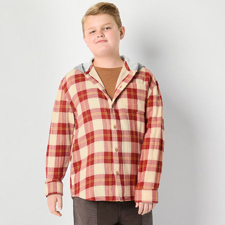 Thereabouts Little & Big Boys Hooded Long Sleeve Flannel Shirt, L (14-16) Husky, Red