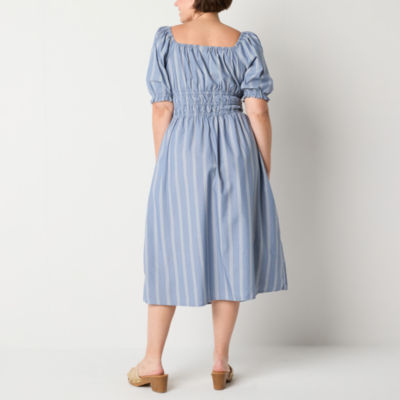 a.n.a Womens Short Sleeve Striped Midi A-Line Dress