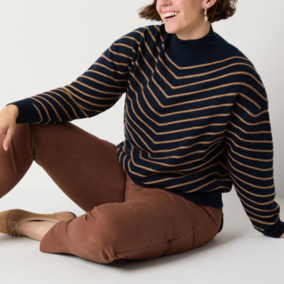 Liz Claiborne Womens Mock Neck Long Sleeve Striped Pullover Sweater