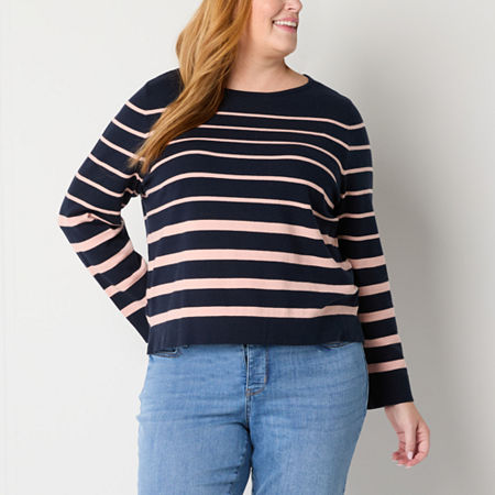 Liz Claiborne Plus Womens Boat Neck Long Sleeve Striped Pullover Sweater, 2x, Blue