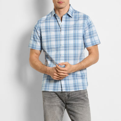 Van Heusen Mens Regular Fit Short Sleeve Plaid Button-Down Shirt