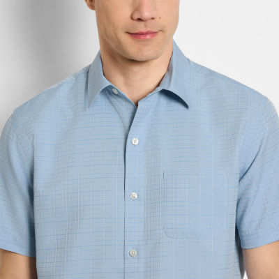 Van Heusen Mens Moisture Wicking Regular Fit Short Sleeve Grid Button-Down Shirt