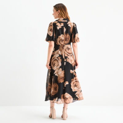 Melonie T Womens Short Sleeve Floral Midi Fit + Flare Dress, Color