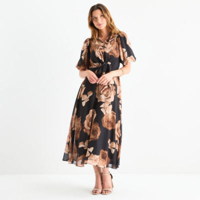 Melonie T Womens Short Sleeve Floral Midi Fit + Flare Dress, Color