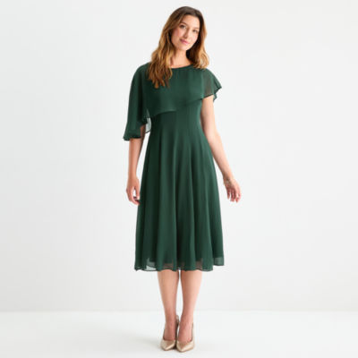 Danny & Nicole Womens Short Sleeve Overlay Midi Fit + Flare Dress