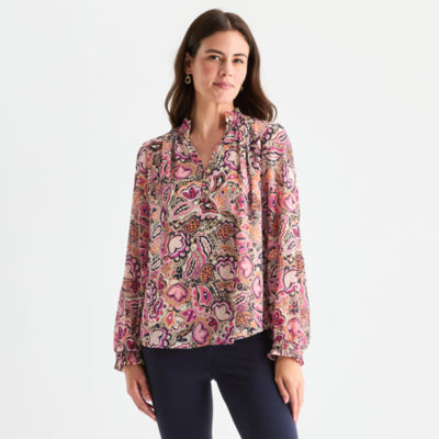 St. John's Bay Womens Split Crew Neck Long Sleeve Blouse