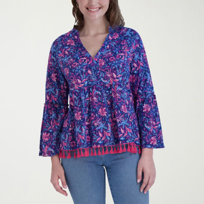 Stella Parker Womens Y Neck 3/4 Sleeve Blouse