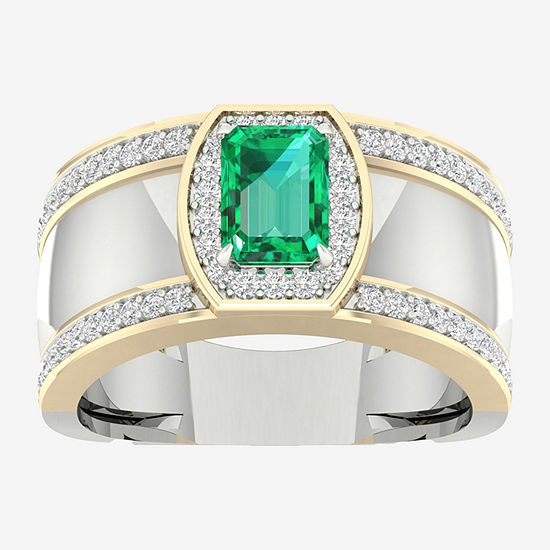 Mens Lab Created Green Emerald 10K Gold Sterling Silver Fashion Ring