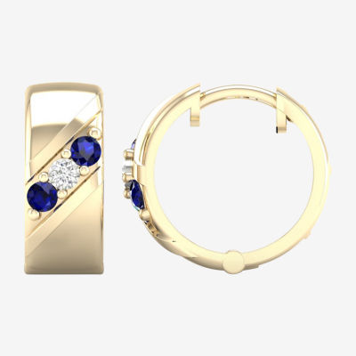 Mens Diamond Accent Genuine Blue Sapphire 10K Gold 15.2mm Hoop Earrings