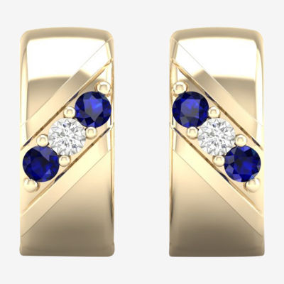 Mens Diamond Accent Genuine Blue Sapphire 10K Gold 15.2mm Hoop Earrings