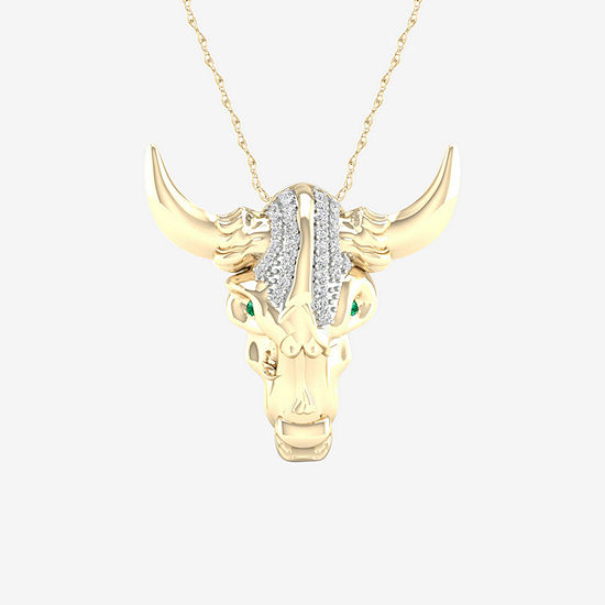 Bull Face Mens 1/10 CT. T.W. Genuine Green Emerald 10K Gold Pendant Necklace
