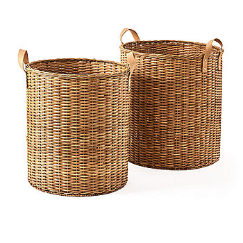 Baum Rattan Round Decorative Basket with Faux Leather Baum Rattan Round Decorative Basket with Faux Leather