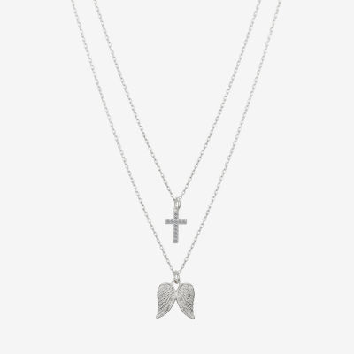 Gratitude & Grace Pendant 2-pc. Cubic Zirconia Pure Silver Over Brass 18 Inch Link Angel Cross Wing Necklace Set