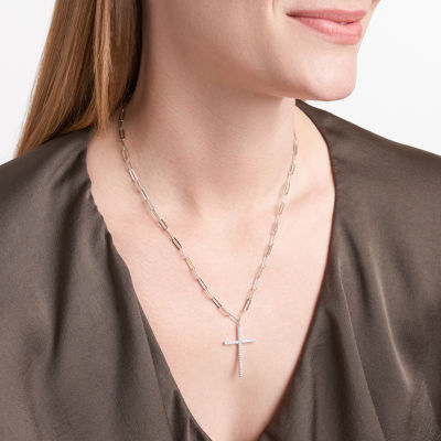 Womens 1/2 CT. T.W. Cubic Zirconia Sterling Silver Cross Paperclip 17 Inch Pendant Necklace