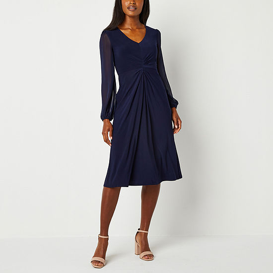 Jessica Howard Long Sleeve Midi Fit + Flare Dress, Color: Navy - JCPenney