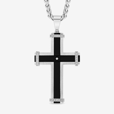 Mens Stainless Steel & Black Cubic Zirconia Cross Pendant Necklace