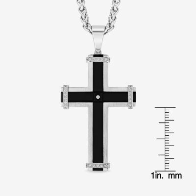 Mens Stainless Steel & Black Cubic Zirconia Cross Pendant Necklace