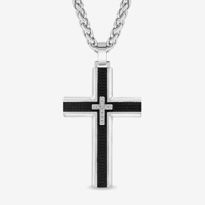 Mens Cubic Zirconia Stainless Steel Cross Pendant Necklace