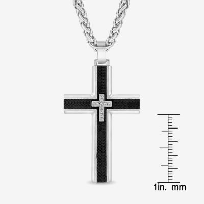 Mens Cubic Zirconia Stainless Steel Cross Pendant Necklace