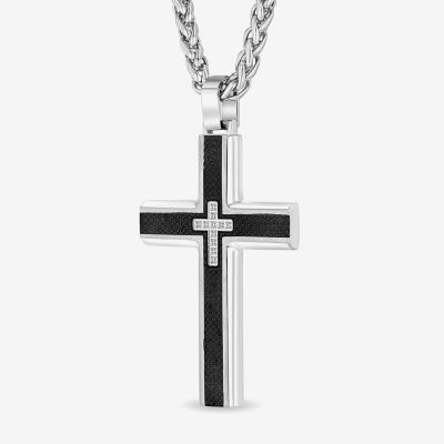 Mens White Cubic Zirconia Stainless Steel Cross 24 Inch Pendant Necklace