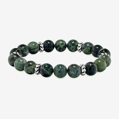 Mens Green Jasper Sterling Silver Beaded Bracelet