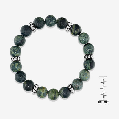Mens Green Jasper Sterling Silver Beaded Bracelet