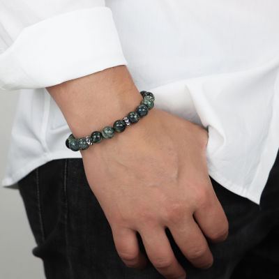 Mens Green Jasper Sterling Silver Beaded Bracelet