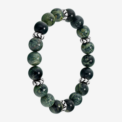 Mens Green Jasper Sterling Silver Beaded Bracelet