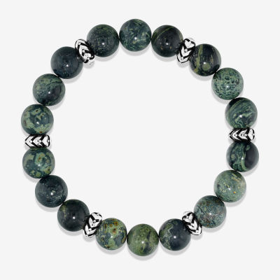 Mens Green Jasper Sterling Silver Beaded Bracelet