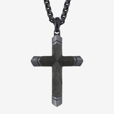 Wooden Inlay Mens Stainless Steel Cross Pendant Necklace