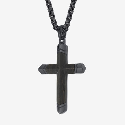 Wooden Inlay Mens Stainless Steel Cross Pendant Necklace