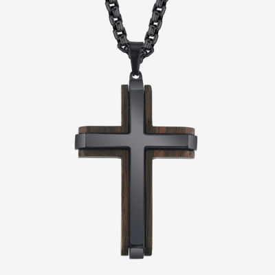 Wooden Mens Stainless Steel Cross Pendant Necklace