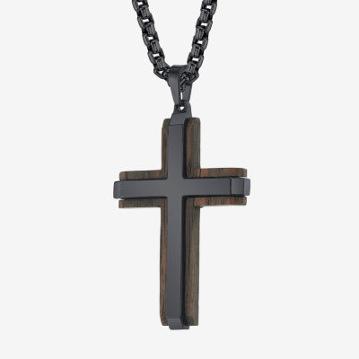 Wooden Mens Stainless Steel Cross Pendant Necklace