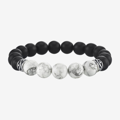 Mens Black Agate Sterling Silver Beaded Bracelet