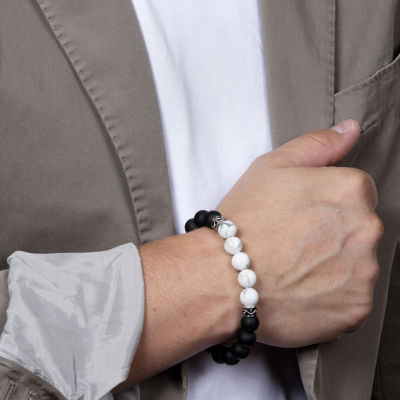 Mens Black Agate Sterling Silver Beaded Bracelet