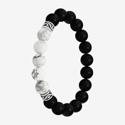 Mens Black Agate Sterling Silver Beaded Bracelet
