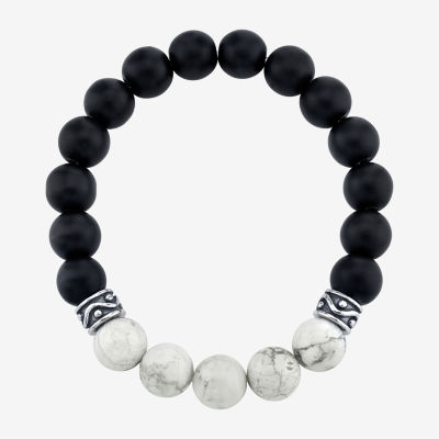 Mens Black Agate Sterling Silver Beaded Bracelet