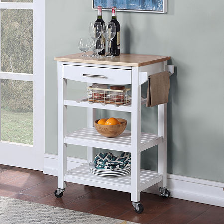 Ellaine 4-Tier Butcher Block Kitchen Cart With Drawer And Wine Rack, One Size, White