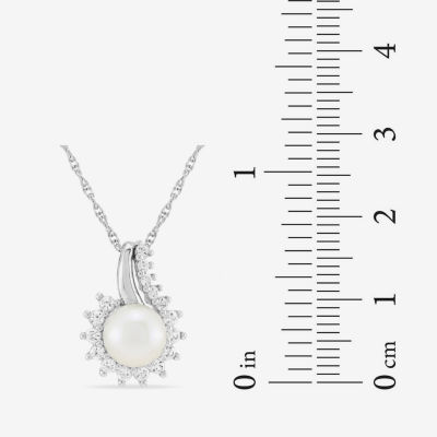 Womens White Cultured Freshwater Pearl Sterling Silver Cushion Pendant Necklace