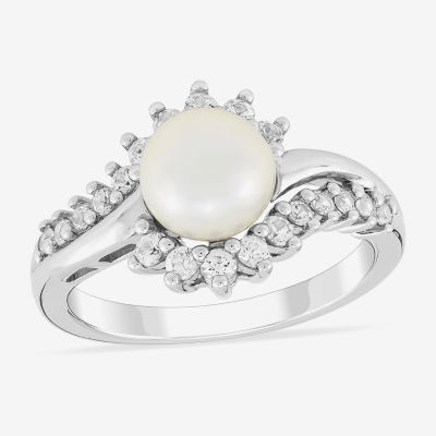 Womens 7MM White Cultured Freshwater Pearl Sterling Silver Round Crossover Side Stone Cocktail Ring