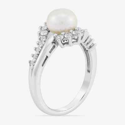 Womens 7MM White Cultured Freshwater Pearl Sterling Silver Round Crossover Side Stone Cocktail Ring