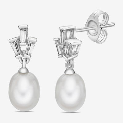 Lab Created White Cultured Freshwater Pearl Sterling Silver Drop Earrings