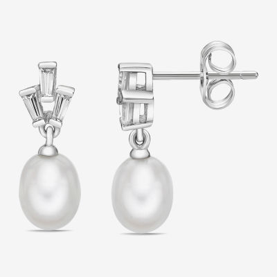 Lab Created White Cultured Freshwater Pearl Sterling Silver Drop Earrings