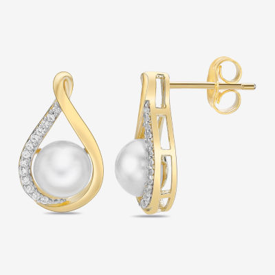 White Cultured Freshwater Pearl 14K Gold Over Silver Drop Earrings