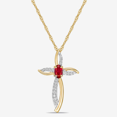Womens Diamond Accent Lab Created Red Ruby 10K Gold Cross Pendant Necklace
