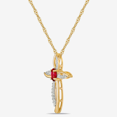 Womens Diamond Accent Lab Created Red Ruby 10K Gold Cross Pendant Necklace