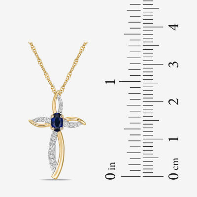 Womens 1/10 CT. T.W. Lab Created Blue Sapphire 10K Gold Cross Round Pendant Necklace